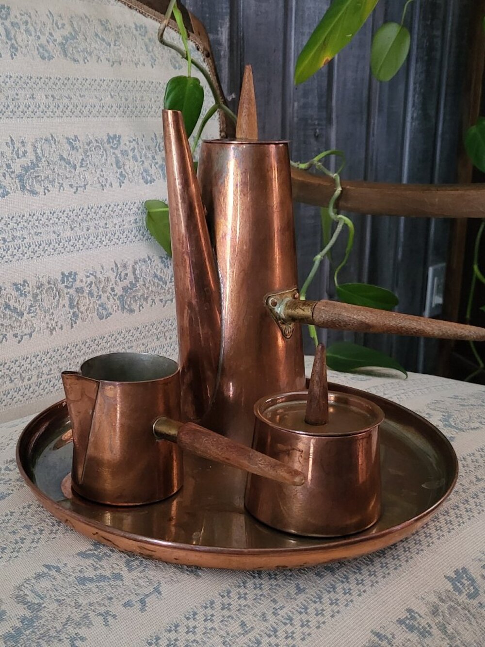 1960s Mid Century Modern Copral Portugal Copper Coffee Set Teak Handles Vintage